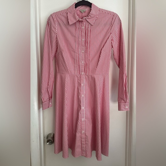 Cremieux Red and White Stripe Pin-tuck Button Down Shirt Dress 4 - Picture 7 of 9